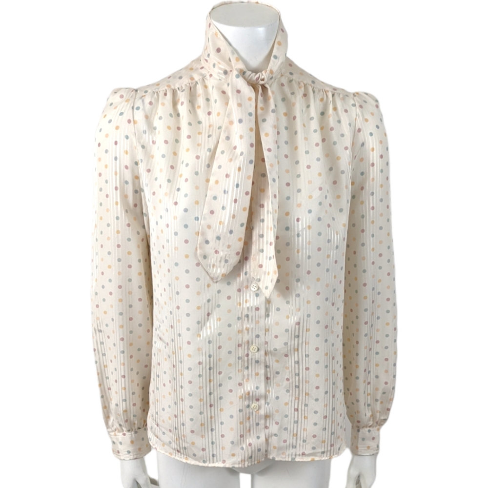 Vintage 80s Pussi Bow Polka Dot Blouse Top Ivory White Pink Long Sleeve Womens M